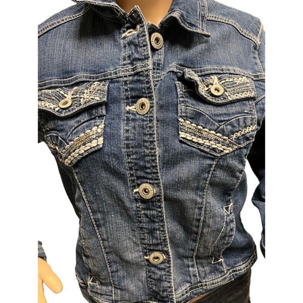 Rhythm In Blues Denim Embellished Stretch Button Up Jean Jacket Size Small
